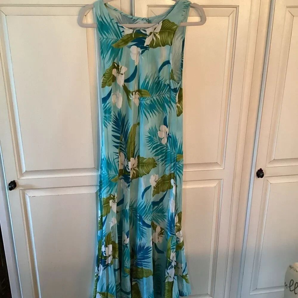 Two Palms Hawaiian Midi Dress Sz L Palm Floral Print Blue Green